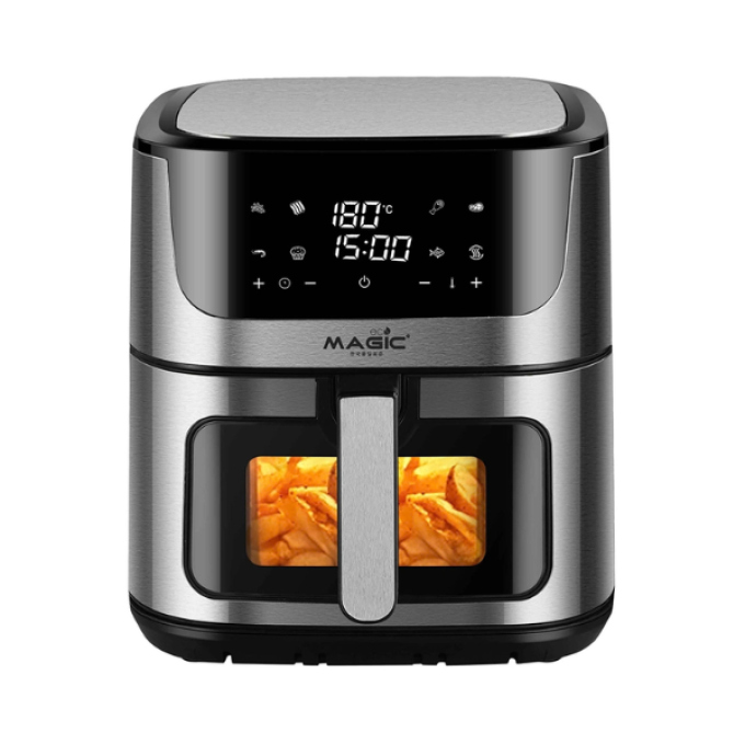 Nồi chiên không dầu Eco Magic AC-129 sở hữu dung tích 8L cùng thiết kế 2 ngăn riêng biệt giúp nấu 2 món cùng lúc cực tiện lợi.